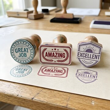 Three vintage wooden rubber stamps featuring positive feedback text including Great Job, Amazing, and Excellent with corresponding ink imprints on white paper over a wooden desk workspace.