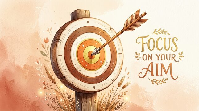 Target with arrow hitting the bullseye, surrounded by floral elements and inspiring text 'Focus on your Aim'