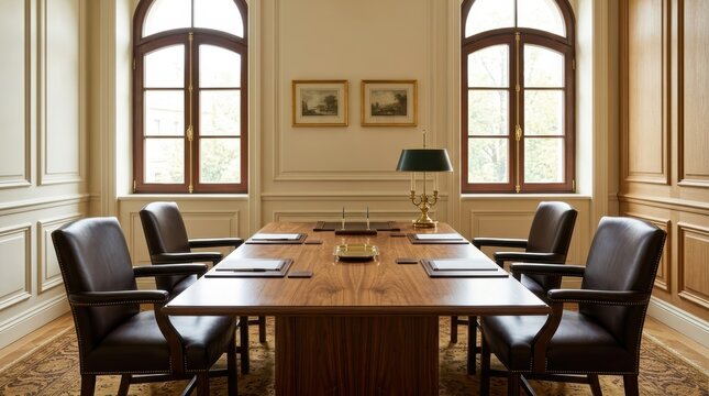 Formal Boardroom Setting: A classic boardroom with a polished wooden table and leather chairs, illuminated by ambient light filtering through arched windows.