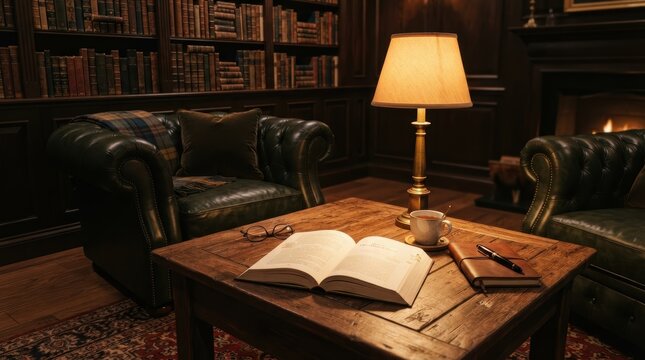 Cozy Reading Nook: An inviting study features plush leather armchairs, a warm fireplace, and shelves filled with books, creating a perfect retreat for quiet contemplation and intellectual exploration.