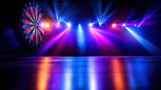 A vibrant display of colorful lights reflecting on a smooth surface near a dartboard