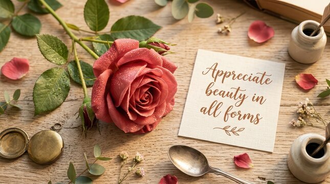 Romantic still life with red rose, open locket, antique spoon, and a card with inspirational quote "Appreciate beauty in all forms"