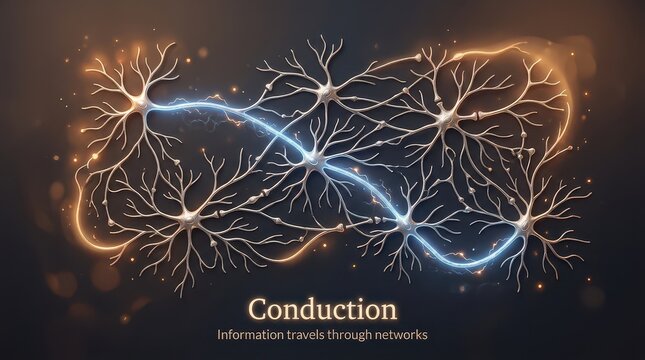 Neural network illustration showing complex interconnected neurons transmitting electrical impulses and information across a dark background with boke