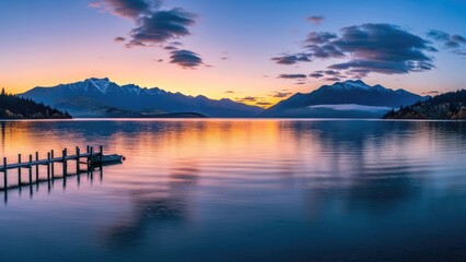 Obraz premium Peaceful lake with mountains and wooden pier at twilight.