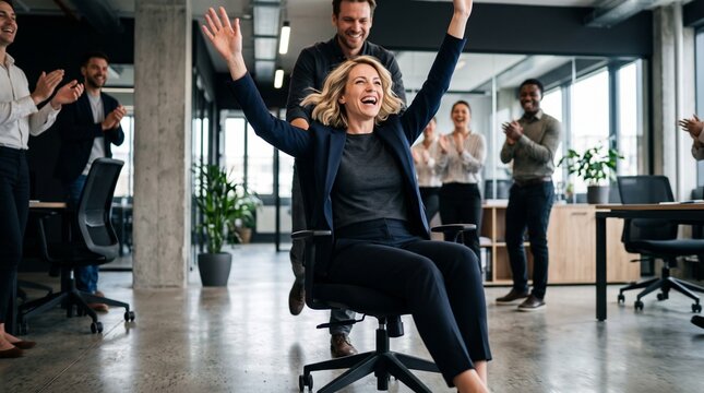 Cheerful blonde businesswoman riding office chair pushed by male colleague. Celebrating successful corporate investment funding and fintech startup wealth growth with happy diverse workplace.