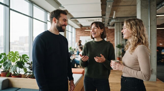 Cheerful young business team discussing modern fintech solutions, startup project investment growth, digital corporate collaboration and financial strategy in bright modern office loft.