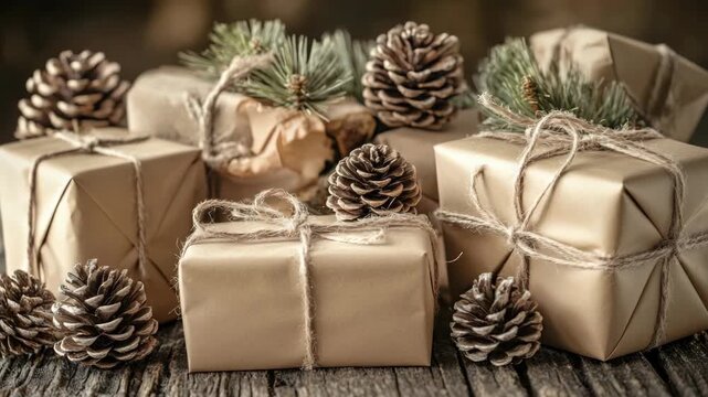 Rustic Christmas Gifts Wrapped in Kraft Paper with Pinecones and Twine