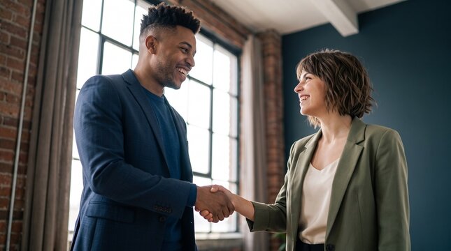 Modern business executives shaking hands in trendy loft office celebrating successful fintech venture agreement, cheerful Black male entrepreneur and Caucasian female partner concluding contract