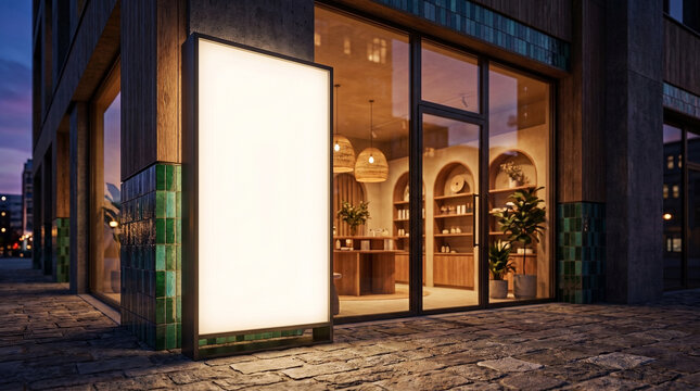 Modern organic cosmetics boutique exterior with illuminated blank advertising display at dusk