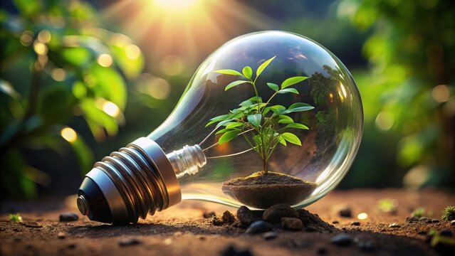 A light bulb containing a small green plant inside