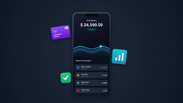 Modern Financial Analytics App Interface Displaying Data Charts and Growth Motion Illustration