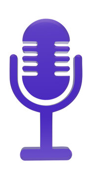 3D purple microphone icon isolated on white background for podcasting and audio recording media concepts