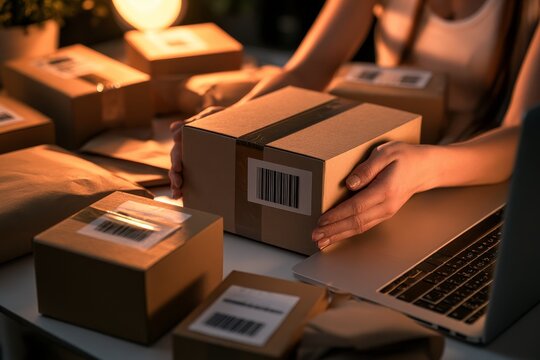 Person packing shipping boxes for e commerce delivery