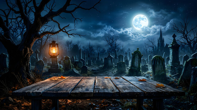 Spooky wooden table surface in front of a dark moonlit cemetery for a perfect halloween background display