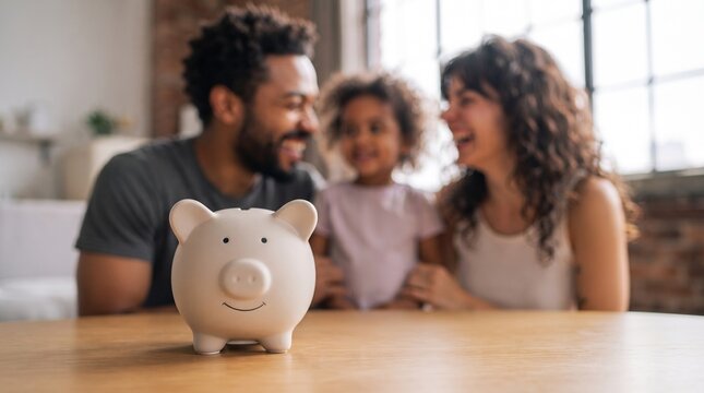 Piggy bank in focus on wooden table with happy blurred biracial family in background, symbolizing financial planning, family budget, wealth security, investment growth, and insurance savings.