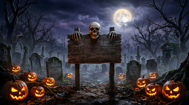Spooky halloween background featuring a weathered wooden sign in a dark moonlit cemetery with glowing jack o lanterns