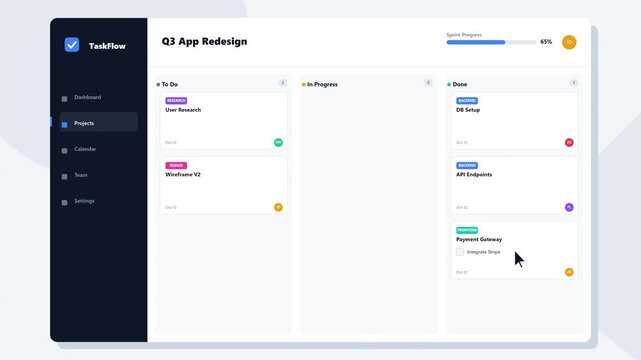 Animated Kanban Task Management App Interface Displaying Project Workflow Motion Illustration