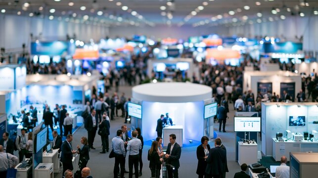 Crowd of business professionals networking among illuminated exhibition stands and digital displays in a large modern convention hall under bright overhead lighting