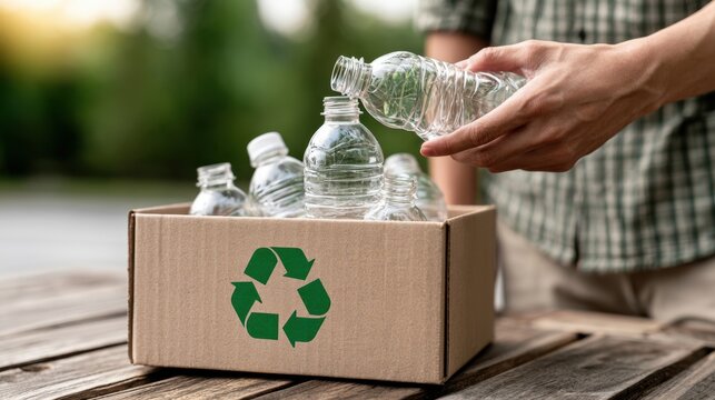 Person sorting empty plastic bottles into a recycling box outdoors, promoting waste reduction and sustainable living.