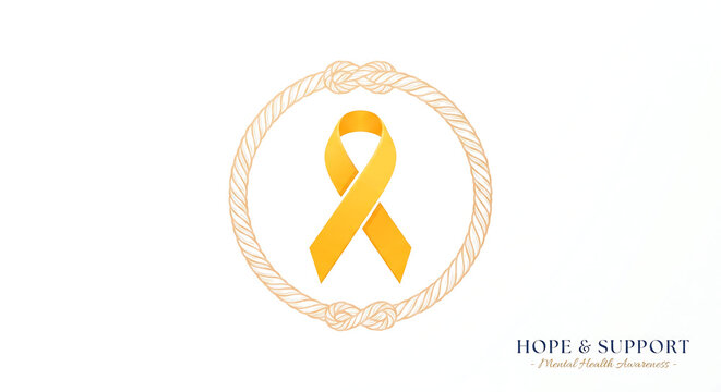 Yellow awareness ribbon inside a rope circle frame for cancer support and charity events.