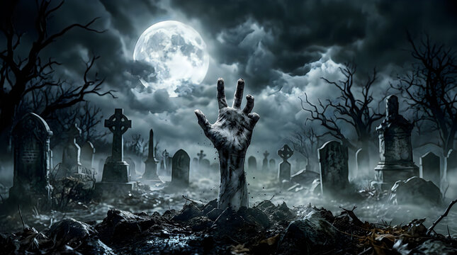 Spooky graveyard scene under a full moon perfect for use as a dark and atmospheric halloween background