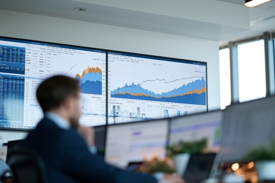 Male analyst in suit seated at modern office desk facing large wall-mounted monitor displaying layered blue and amber area charts with rising falling trend lines percentage indicators and abstract