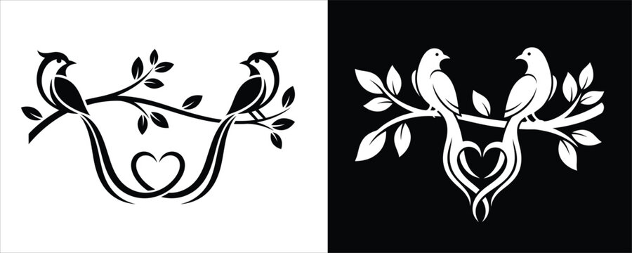 Two lovebirds on a branch with a heart shaped silhouette black and white vector illustration