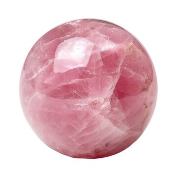 A smooth, polished pink rhodonite sphere rests on a pure white background, showcasing its natural veining and color.