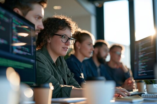 Diverse group of young male and female software developers intensely focused on computer screens displaying colorful lines of code in a modern office workspace with large windows letting in bright