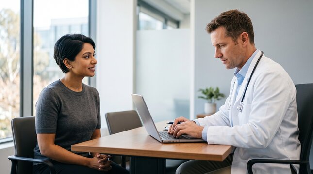 Indian woman patient consulting professional male doctor typing on laptop in modern clinic office, discussing medical health insurance plan, financial planning, budget and healthcare costs.