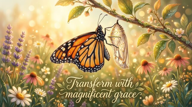 Monarch butterfly emerging from chrysalis on branch with flowers and bokeh, symbolizing transformation and rebirth