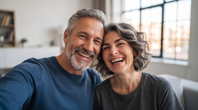 Portrait of extremely happy senior couple taking selfie at home, celebrating successful retirement savings and secure financial planning. Joyful mature husband and wife enjoying wealth.