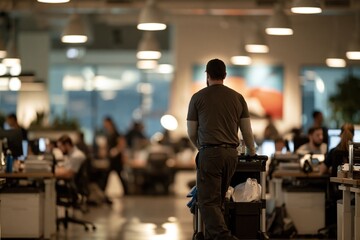 Fototapeta premium Back view of a male janitor pushing a cleaning cart through a busy open plan office with blurred employees at desks, warm overhead lighting, large colorful wall art, polished floor, neutral tones