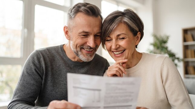 Happy mature couple reviewing family budget and financial documents together at home, calculating utility bills, tax savings, home loan payments and smart investment strategy with big smile.