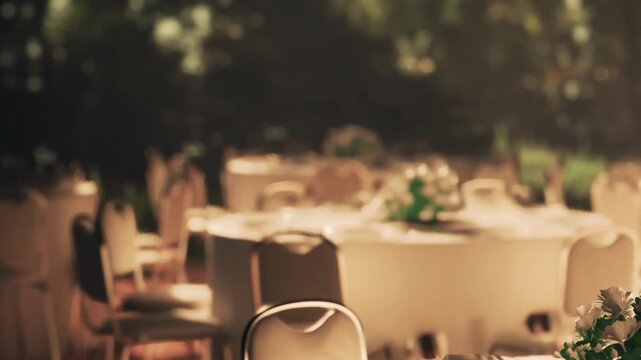 A large table is set up outside with white tablecloths and floral centerpieces. Empty chairs surround the table. The setting is sunny with green trees in the background.