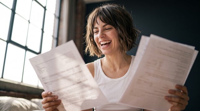 Delighted young woman reviewing financial documents and paper bills at home, excited about tax refund return, successful debt payoff, mortgage approval and smart household budgeting plan.