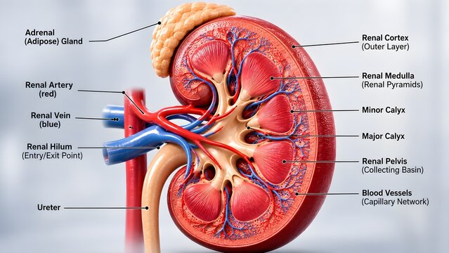 Anatomical illustration of a human kidney in a sagittal section, revealing its internal structure, including the renal cortex, medulla, pelvis, and associated blood vessels and ureter