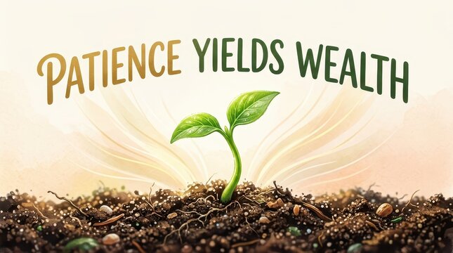 Sprouting plant in soil with text "Patience Yields Wealth" conveying growth, investment, and financial success over time