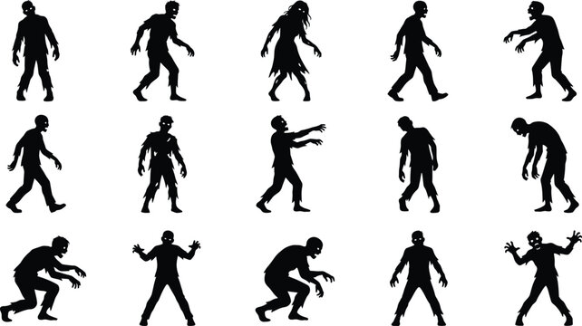 Set of black zombie silhouettes in various walking poses for a spooky halloween themed graphic design