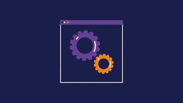 Abstract flat animation of gear icons rotating inside browser window frame on dark background with glitch effect.