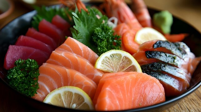 A vibrant sashimi platter featuring salmon  tuna  shrimp  and assorted fish slices garnished with lemon and greenery