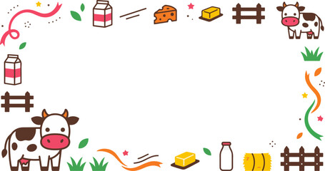 Fototapeta premium Cute Dairy Farm Themed Frame Illustration with Cows and Milk Products