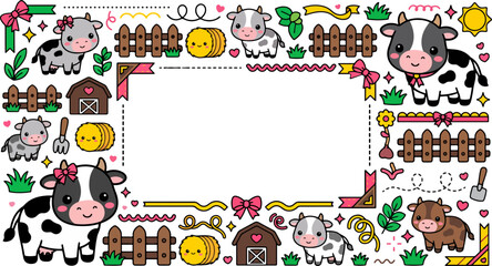 Fototapeta premium Cute Kawaii Cow Farm Border and Frame Design Element