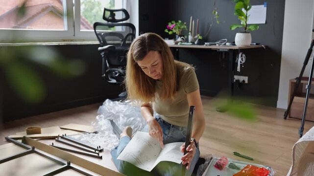 Woman reading instructions while assembling a metal shelving unit at home