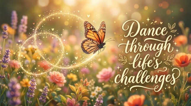 Monarch Butterfly in a Magical Garden with "Dance Through Life's Challenges" Text and Sparkles