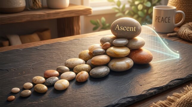 Stacked Zen Stones Symbolizing Ascent and Progress Towards Peace, with a Downward Trend Graph Overlay
