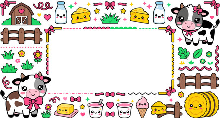 Fototapeta premium Cute Kawaii Cow Farm Frame Template with Milk and Cheese