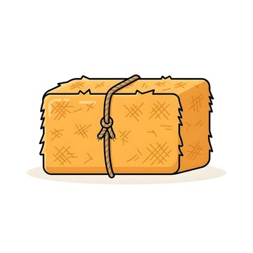 A simple, cartoon-style illustration of a square bale of hay or straw, bound with a rope, suitable for farm and harvest themes.