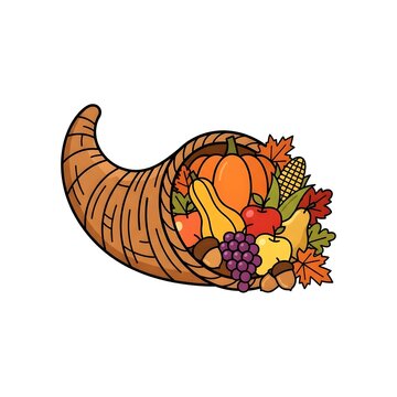 A cheerful cartoon illustration of a traditional Thanksgiving cornucopia, overflowing with pumpkins, gourds, grapes, apples, and autumn leaves