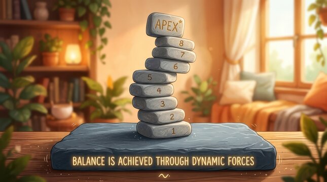Stack of balanced stones numbered 1 to 8 with 'APEX' on top, symbolizing equilibrium and achievement in a cozy, sunlit room.